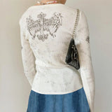 Yipinpay Women Vintage Y2K Grunge T-shirt Long Sleeve O Neck Gothic Cross Angel Wings Printed Retro Rhinestone Slim Fit Tops