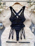 Yipinpay French Style Striped Erotic Playsuits Women Strap Hollow Out Backless Slim Underwear Black Lingerie Sexy Bodysuits