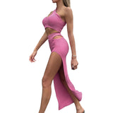 Yipinpay Women Sexy Two-piece Clothes Skirt Sets Summer Solid Color One-shoulder Vest and Slit Skirt Women's Suits Club Wear