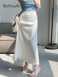 Yipinpay Elegant Satin A-line Skirts for Ladies Spring Summer Slim High Waist Skirt Women Luxury Korean Chic Casual OL Faldas