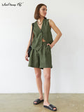 Yipinpay Street Style Green Shorts Suits Cotton Linen Two Pieces Vest Top Shorts Casual Sets 2023 Office Ladies Shorts Outfit
