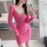 Yipinpay Wrap Hip Short Square Collar Sweater Dress Bodycon Slim 2023 Winter Black Knitted Dress Robe Gentle Vestidos Mujer