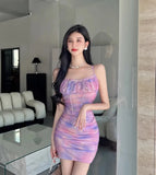 Yipinpay Mini Dresses Women Sleeveless Mesh Bandage Patchwork Tie Dye Ruched Vintage Slim Party Dress Backless Female Clubwear