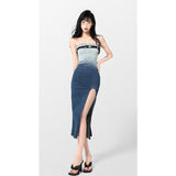 yipinpay Women's Wear Denim Bra Dress Sexy Korean Fashion Sleeveless Gradient Colour Slit Wrap Hip Skirt One Word Summer Mid Length Skirt