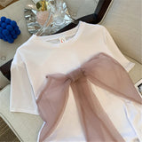 Yipinpay Clothes Grunge Cotton Tee Graphic Tshirts Black Bow Short Sleeve T-shirts Ropa Mujer Y2k Mesh Shirts for Women Top