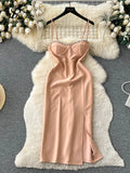 Yipinpay Party Long Sling Dress Women Solid Backless Zipper Diamonds Split Bodycon Sundress Senior Korean Style Sexy Slim Dress