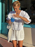 Yipinpay Cotton Shorts Sets Women's Chic Long Sleeve Pater Pan Collor Blouse High Waist Shorts 2 Pieces Sets Female Beach Outfits