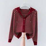 Yipinpay Autumn/Winter New Hooded Knit Cardigan Sweatshirt Western Loose Striped Hooded Top