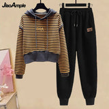 Yipinpay Women's Tracksuit 2024 Fall/Winter New Striped Embroidered Sweater + Cotton Pants Two-piece Korean Casual Hoodies Trousers Suit
