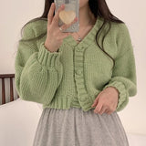 Yipinpay Knitted Cardigan Sweet Korean V Neck Lantern Sleeve Sweaters for Women Fall Wild Simple Cropped Pink Cardigan Coat