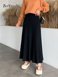 Yipinpay Women Long Maxi Knitted Skirt Autumn Winter Casual Pleated High Waist A-line Skirts 90cm 2023 Korean Fashion Faldas