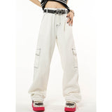 yipinpay White High Waist Overalls Women Jeans American Fashion Streetwear Oversize Wide Leg Jean Female Trouser Baggy Denim Pants