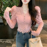 Yipinpay Fashion Shirts Women Puff Loong Sleeve V Neck Autumn Winter Slim Lace Patchwork Crop Tops Female Sexy Elegant Blouse