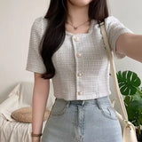 Yipinpay Shirts Tweed Short Sleeved Coat Tops Women's Single Breasted Pink Plaid Cardigan Beaded Crop Jackets Summer Y2k