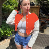 Yipinpay Women Slim-Fit Baseball Uniform Winter Girls Long Sleeve Button Cropped Jacket Splicing Color Fashionsports Style