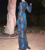 Yipinpay Fashion Womens Sunscreen Smock Dress Long Sleeve V Neck Print Split Waist Belt Pool Beach Dress Skin Friendly Hot Sale S M L