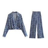 Yipinpay Blue Print Wide Leg Pants Women High Waisted Trousers Women Casual Baggy Pants Woman Fashion Summer Women's Pants Set