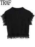 Yipinpay Black Knitted Vest Women Ruffle Women's Sleeveless Sweater Cropped Sweaters Women Winter 2023 Knit Top O-Neck Pullovers