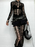 Yipinpay Sexy See Through Mesh 2 Pieces Suits Women Streetwear Cyberpunk Mall Gothic Long Sleeve T-shirt High Waist Pants Suits