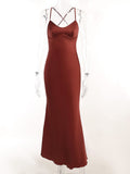 Yipinpay MO Sexy Spaghetti Strap Satin Lace Up Maxi Dress Elegant Backless Women Mermaid Evening Dress Bodycon Party Vestido 2023