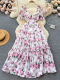 Yipinpay Beach Vacation Floral Print Dress Women Backless Lace Up Cross Bandage Ruched Korean Hotsweet Fashion Party Long Dress