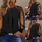 Yipinpay Women's Boho Blouses Autumn Long Sleeve Fashion Folds O-neck Lace Patchwork Loose Shirt For Women Black Tops New Office Clothing