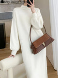 Yipinpay White Knitted Long Dress Women Autumn Vintage Half High Collar Warm Sweater Dress Korean Casual Chic Evening Y2k Dress