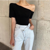 Yipinpay Slim Slash Irregular Off Shoulder Diagonal Black Short Sleeve T-shirts Women Summer Tees Crop Tops Casual Tshirt