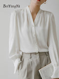yipinpay Elegant Luxury White Shirts Women Plain Buttons French Loose Casual Loose Tops Female Blouses V-neck Korean Blusas