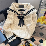 Yipinpay Academy Style JK Navy Neck Bow Sweater Women Top Autumn Winter Vintage Gentle Thickened Knit Pullover Coat Women Clothing