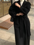 Winter Women Vintage Long Woolen Coat With Belt Fashion Solid Long Sleeve Jackets Chic Outerwear Ladies Casual Overcoat