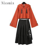 Yipinpay Women Set Early Autumn New Chinese Style Age Reducing Sweet Slim Red Sweatshirt Black Long Skirt Two Piece Set Women Outfits