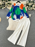 Yipinpay Winter Fashion Thick Sweater Suits 2024 Tie-dye Loose Pullover+Elastic Long Pants Print Casual Knitted Two Pieces Sets