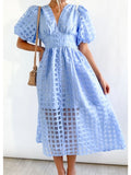 Yipinpay Women Elegant Hollow Out Puff Sleeve Dress 2023 Summer Fashion Chic V-Neck Mesh Midi Frock Party Banquet Trend Ladies Vestido