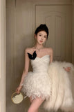 Yipinpay Girl Sexy Hot Diamond Slim Fit Lace-up Dress Women's Autumn/Winter Spliced Feather Strapless Bottom Dress Female Clothes