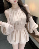 Yipinpay Two Piece Set Women Sweet Off Shoulder Blouse Hollow Out Shirts Ruffles Elegant Shorts Female French Style Chic Suits