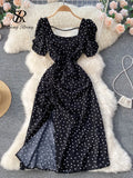 Yipinpay Square Collar Polka Dot Dress Women Short Puff Sleeves 2024 New Ssummer Beach Sundress French Sweet Chiffon Long Dress