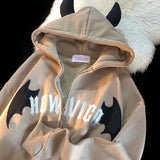 Yipinpay Horn Little Devil Letter Embroidered Zipper Hoodies Women Y2K Street Retro Trend Cardigan Couple Fashion Sweatshirt