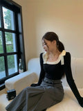 Yipinpay Vintage Bow Bandage Top French Style Sueter Mujer Jersey Square Collar Sweaters Crop Spring New Black Sweater White Shirts