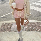 Yipinpay Women's Kawaii Y2K Summer Casual Shorts Ruffled Floral Lace Elastic Waist Short Pants for Beach Nightclub Streetwear