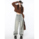 yipinpay Womens Jeans High Waist Vintage Straight Baggy Denim Pants Streetwear American Style Fashion Female Wide Leg Denim Trouser