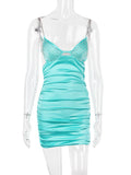 Yipinpay Quality Crystal Satin Bodycon Dress Summer Sexy Backless Dress Mini Ruched Beading Dress Birthday Prom Event Party Dress