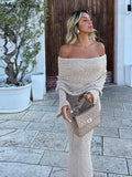 Yipinpay Sexy Off Shoulder Slim Dresses Women Long Flare Sleeve Hip Package Midi Dress 2024 Spring New Female Beach Robes
