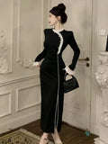 Yipinpay Dresses Women Stand Collar Lace Patchwork Split Long Sleeve Slim Vintage Elegant Dress Slim Elegant Dress Ladies