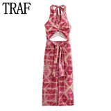 Yipinpay Print Halter Long Dress Women Cut Out Backless Dress Woman Off Shoulder Summer Party Dresses For Women Knot Evening Dresses