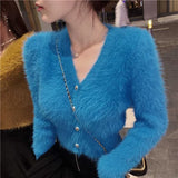 Yipinpay Neck Cropped White Mohair Knitted Cardigan Retro Casual Lazy Oversized Sueters Sweaters for Women Solid Fur Clothes Jacket