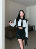 Yipinpay Women Suits Sexy Crop Leather Jacket Black Hollow Shirt High Waist Skirt 3 Piece Zip Skirt Party Girl Elegant Y2k Female Suits