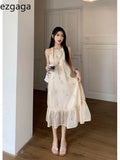 Yipinpay Elegant Dresses Women Vintage Embroidery Floral French Style Sleeveless Halter Loose Patchwork Sweet Fashion Dress