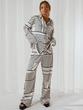 Yipinpay Lapel Irregular Stripe Button Shirt And Pants Women Sleep Suit 2 Piece Single-Breasted Print Casual Home Suit Female