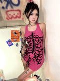 Yipinpay Emo Alt Y2k Pink Dress Women Streetwear Gothic Dark Skeleton Print Sleeveless Bodycon Dress Harajuku Grunge Rave Outfits